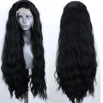 Marquesha ארוך שחור גלי פאה לנשים מתולתל גלי הפאה החלק האמצעי נראה טבעי סינטטי עמיד בפני חום סיבי השיער מדי יום הפאה