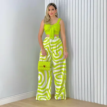Felyn 2023 אלגנטי עיצוב אופנה 2 יח ' נשים להגדיר מוצק התחבושת חולצה רחב הרגל מכנסיים ארוכים בקיץ החוף תלבושות