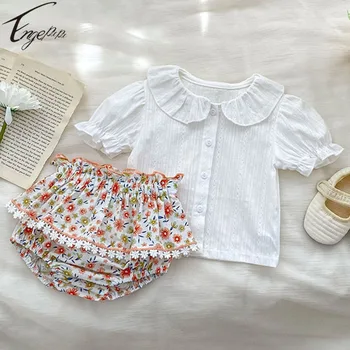 סגנון קוריאני בנות פרחוני מתוק חליפה לתינוק עם שרוולים קצרים עליון+לחם קצרים 2pcs תינוקות פרחי קיץ הנסיכה להגדיר