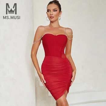 MSMUSI 2023 חדש אופנה נשים סקסיות רצועת קריסטל שרשרת לקפל שרוולים מחשוף גב התחבושת מסיבת מועדון Bodycon אירוע Midi שמלה