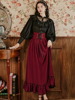 קוריאה סגנון אלגנטי לנשים חליפות בציר פנס שרוול מזדמן חולצה שחורה & בורגנדי פס ארוך חצאית מקסי עבור סלים הגברת סטים