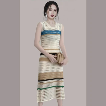 דרום קוריאה חלול החוצה קרח משי סריגה בקיץ קציר המותניים פס צבע חצאית עם כתף רצועות שתי חליפות השמלה
