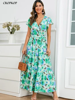 אלגנטי פרחים שמלה ארוכה נשים אופנה הקיץ התחבושת לפרוע גדול שולי בוהו שמלת החוף מזדמנים ירוק צוואר V החדש בשמלות 2023
