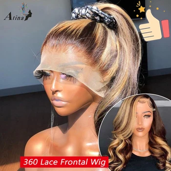 גוף גל 360 מלא תחרה פאה שיער אדם הברזילאי לפני Ombre להדגיש בצבע חום HD תחרה קדמית פאות עבור נשים שחורות Atina