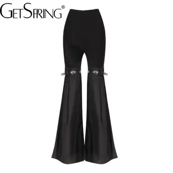 GetSpring נשים מכנסיים Capris 2023 חדשות סרוגים תפרים בברך החגורה Slim Fit היפ זמן תאורה מכנסיים אופנה טלאים מכנסיים שחורים