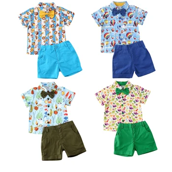 1-6Y קיץ ' נטלמן תינוק בייבי בנים בגדים מגדיר בעלי חיים קריקטורה הדפסה קשת חולצות חולצות+מכנסיים קצרים 2pcs