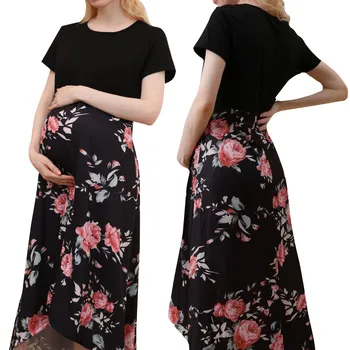 שמלת היריון נשים פרחוני הדפסה שרוול קצר עם צווארון וי מקסי שמלה ארוכה בהריון בגדים מזדמנים קיץ שמלת היריון