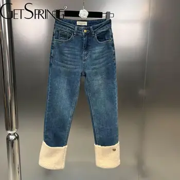 GetSpring נשים מכנסי ג 'ינס 2023 אביב עבה ישר ג' ינס גבוהה המותניים רופף ארוך כחול ג 'ינס מכנסיים מתאימים בנות ג' ינס
