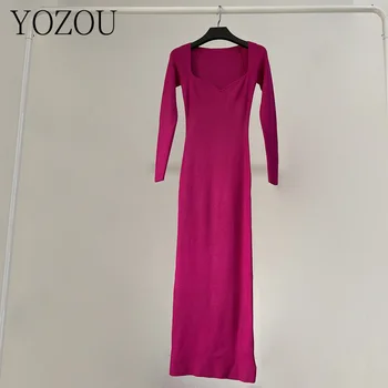 [YOZOU] סריגים סרוגים שמלת מקסי קלוש Bodycon לעטוף את הסוודר צד שמלות חורף סתיו מגשר Pullovers רחוב להאריך ימים יותר