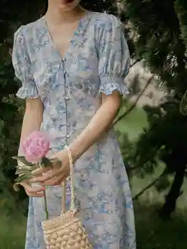 צרפתי עדין בסגנון V-צוואר מפוצלים פרח שמלה עם מותן עטוף ורזה פנס שרוולים ציור שמן שמלה ארוכה תה