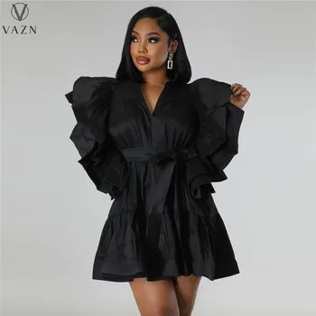 VAZN 2022 אחת עם חזה שמלות קצרות חם מכירת צבע טהור שרוול קצר דש השמלה מזדמנים סגנון רחוב נשים מתלבשות.