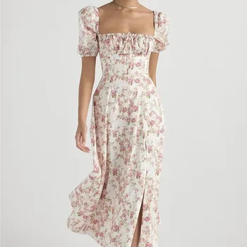 הקיץ פרח מתוק מודפס סלים שמלה לנשים בסגנון צרפתי קו נטוי הצוואר פיצול בנות שמלה אלגנטית פאף שרוול החלוק החדש 26716