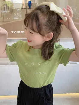 2023 הקיץ קוריאה סגנון נסיכה מתוקה סגנון ילדים טי-שירט בצבע מלא קצף שרוול כותנה רך אופנה עיצוב חדש מקרית פשוטה