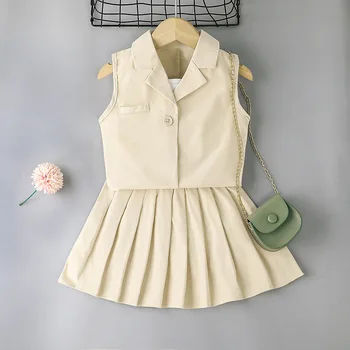 בנות בגדי קיץ 2023 בנות Suspender חולצה חצי חצאית אפוד ' קט 3pcs להגדיר קפלים חצאית להגדיר בנות שמלות לילדים