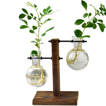 שולחן שולחן זכוכית הנורה הידרופוני אגרטל פרחים צמח חשיש עם עץ מגש משרד עיצוב אביזרים העציץ עץ מגש CLH@8