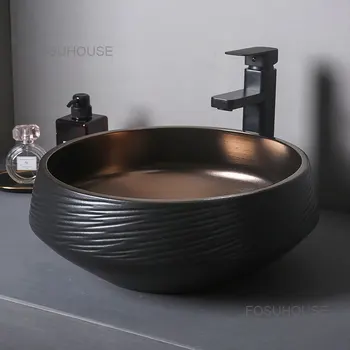 שחור שולחן אגן אור יוקרה קרמיקה אמבטיה כיורים מודרניים אביזרי אמבטיה זהב שחור זיגוג יצירתי הכיור כיור מטבח