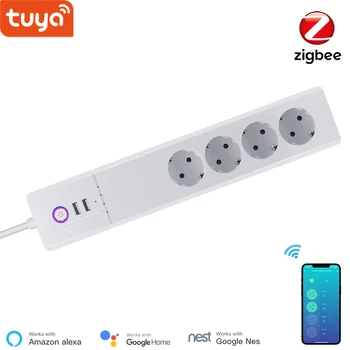 Tuya WiFi חכם Surge Protector , האיחוד האירופי Zigbee לשקע עם 4 אטמי 2 יציאת USB , שליטה יחידה,עובד עם אלקסה הבית של Google