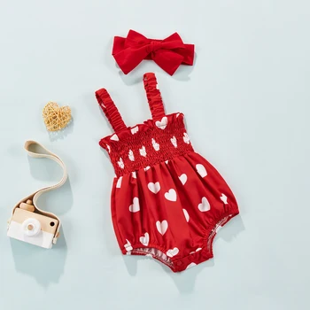 התינוק הילדה Romper תלבושת קיץ פעוטות מתוקים בסגנון הלב הדפסה שרוולים Suspender סרבל + קשת הכובעים קבע 0-18Months