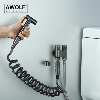 Awolf אקדח אפור היגיינה מקלחת פליז מוצק אסלה בידה המרסס להגדיר שטיפה כפולה ידיות כפול שקעים אנאלי במקלחת מערכת AP2346