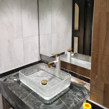 מלבני אמבטיה כיורים שקופים קריסטל אמבטיה כיורים הביתה אמנות סיבוב עילי כיור יוקרה משטח זכוכית אגן