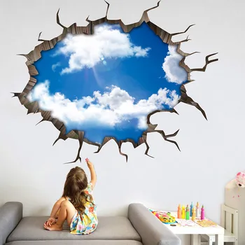3D החדש שמיים כחולים, עננים לבנים מדבקת קיר לילדים חדרים תקרת גג מדבקות קיר לעיצוב הבית דביק רצפה קיר אמנות פוסטר