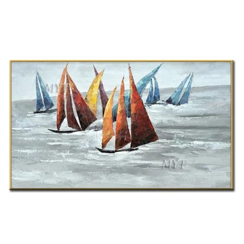 סירה עוגנת בחוף בעבודת יד ציור שמן מופשט אמנות קיר ציורים, יצירות אמנות קיר תמונות עבור חיים עיצוב חדר