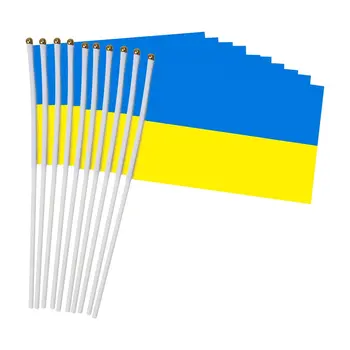 10pcs 14*21 האוקראיני הלאומי דגל אוקראינה פטריוט טיסה דגל עם פלסטיק דגלים שולחניים עיצוב היד מנופף דגלים