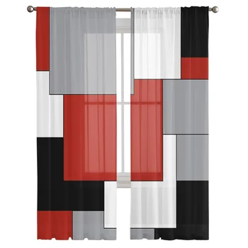 אמנות מופשטת של אדום ושחור פסיפס גושי צבע טול וילונות הסלון שיפון ואל העצום וילון חלון עבור חדר השינה