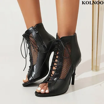 Kolnoo בעבודת יד חדש הגעה נשים עקבים גבוהים מגפי קיץ ציוץ בוהן הצלבה שרוך קיץ אופנה חמה מכירת נעליים