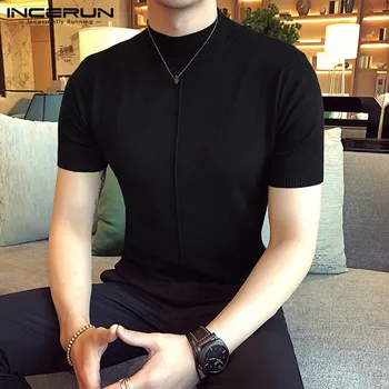 INCERUN מקסימום 2023 קוריאני סגנון חדש Mens למחצה גבוה צוואר סרוגים חולצות מזדמנים אופנת רחוב זכר קצר שרוול אלסטי טייץ S-5XL