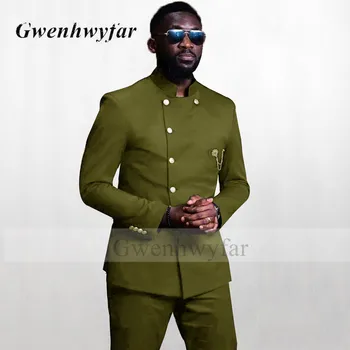 Gwenhwyfar חליפות גברים אפרו-אמריקאים בסגנון תפורים כפתורי זהב ירוק צבא תחפושת לעמוד צווארון גברים מעיל מכנסיים רשמית למסיבה