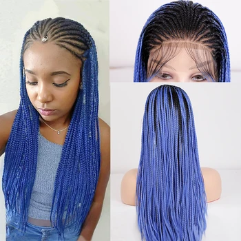 Cosplay קולעת שיער פאה 26 אינץ קלוע פאות עבור נשים שחורות Ombre כחול סינתטי הקדמי של תחרה תיבת קלוע פאה עם שיער תינוק