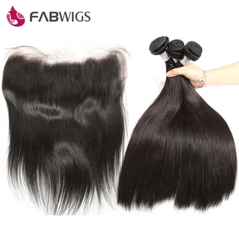 Fabwigs ישר תחרה קדמית סגר עם ברזילאי שיער לארוג חבילות 100% שיער אדם חבילות עם חזיתית רמי שיער