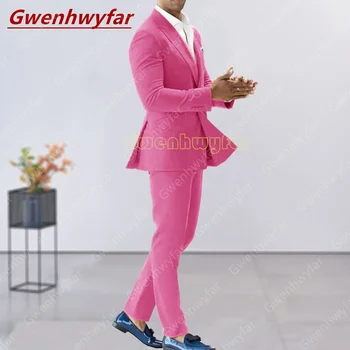 Gwenhwyfar אופנה חדשה גברים חליפה כפולה עם חזה רוז אדום מותאמים Slim Fit חליפת טוקסידו שיא דש מזדמנים חכם אופנת רחוב ז ' קט מכנסיים