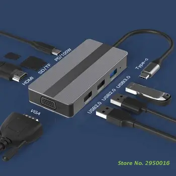 USB רב תכליתי C תחנת עגינה 8 1 סוג C מרכז HDMI תואם +VGA+3 x USB + TF/SD Card Reader + 100W משטרת מתאם