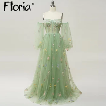 вечернее платье ירוק פרחוני מחוץ Shouler קו שמלת הנשף 2023 ירוק שמלת ערב, קבלת פנים שמלת Vestidos דה פיאסטה