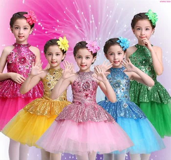נסיכה נצנצים על שמלת ריקוד לבנות עיצוב חדש לילדים הקולר פרחים חצאית שמלת בלרינה בגדים לילדים רקדני בלט