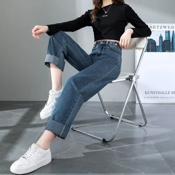 נקבה בגדים אופנת רחוב קוריאני אופנה ג 'ינס ג' ינס רגל ישר אישה גבוהה המותניים וינטג ' ינס אישה של נשים מכנסיים