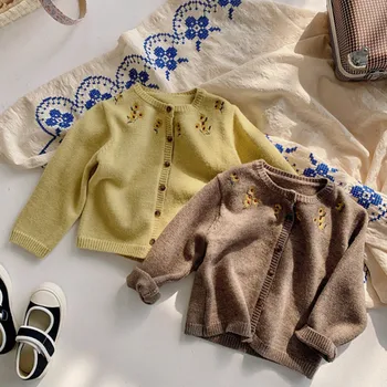 2021 אביב חדש בסגנון קוריאני בנות תינוק רקמה פרחונית סוודרים סרוגים ילדים, בגדים לתינוקות, ילדים סוודר מעילים