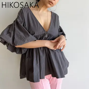 חופשי לנשימה נוחה קרם הגנה Topv-צוואר הזיקוקים שרוול פרע את החולצה חולצות קיץ 2023 יפני חדש מוצק Blusas Mujer