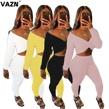 VAZN הגעה חדשה 2020 מוקדם Autunn סקסי ליידי 3 צבעים 2-קטע ארוך מלא להגדיר השרוול V-צוואר tees סקיני מכנסיים להגדיר רחוב סטים