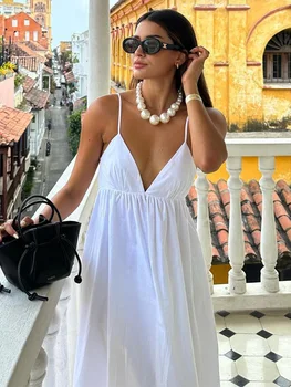 שמלת הקיץ נשים בגדים 2023 צוואר V שרוולים ספגטי רצועת מזדמנים לבן, שמלה סקסית מחשוף גב המפלגה אלגנטי שמלות Midi