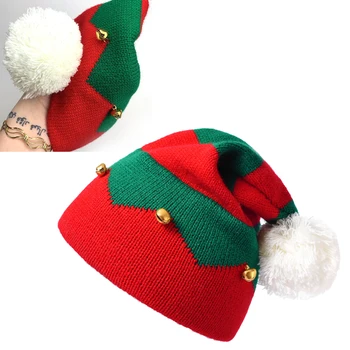 פעוטות ילדים חג המולד סרוגים שדון כובע עם פעמונים קטנים ניגודיות צבע גלי פסים סרוג פונפון חג המולד חם כובע סרוג