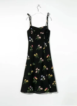 צרפתי רצועת שמלת וינטג הדפסה מותן-חזק שמלה שחורה סקסית