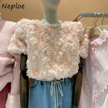 Neploe תלת מימדי רוז פרח Blusas קוריאני נסיכה סגנון מתוק עדין חולצות 2023 הקיץ O-צוואר פאף שרוול חולצות
