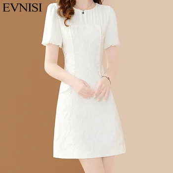 EVNISI נשים שיק רקמה שמלה לבנה O-צוואר אלגנטי קפלי Office קו שמלות קיץ מזדמן סלים לנשים מסיבת Vestido