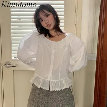 Kimutomo מתוק חופשי מוצק תחרה קפלים החדרת חולצה אישה עדינה O-צוואר פנס שרוולים יחיד חזה פשוט צדדי החולצה