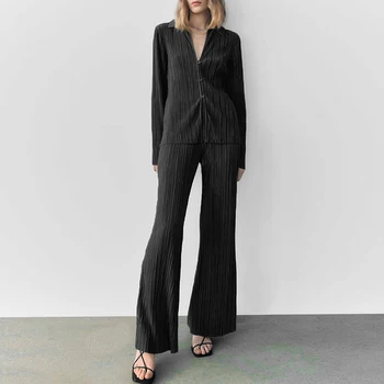 2022 האביב החדש קפלים רחב הרגל מכנסיים ערכות נשים אלגנטי זמן Palazzo מכנסיים מזדמנים חולצה חולצה נשים שתי ערכות קטע