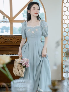 רומנטי הנסיכה רקום ערפל כחול צרפתי ללא משענת שמלת 2023 חדש אופנה מזדמן בגדי נשים