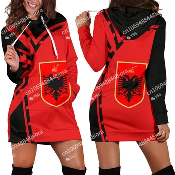 אלבניה סמל המדינה דגל חדש Harajuku חידוש הדפסת 3D סתיו קפוצ ' ונים השמלה נשים מקרית ללבוש שרוול ארוך עם ברדס השמלה